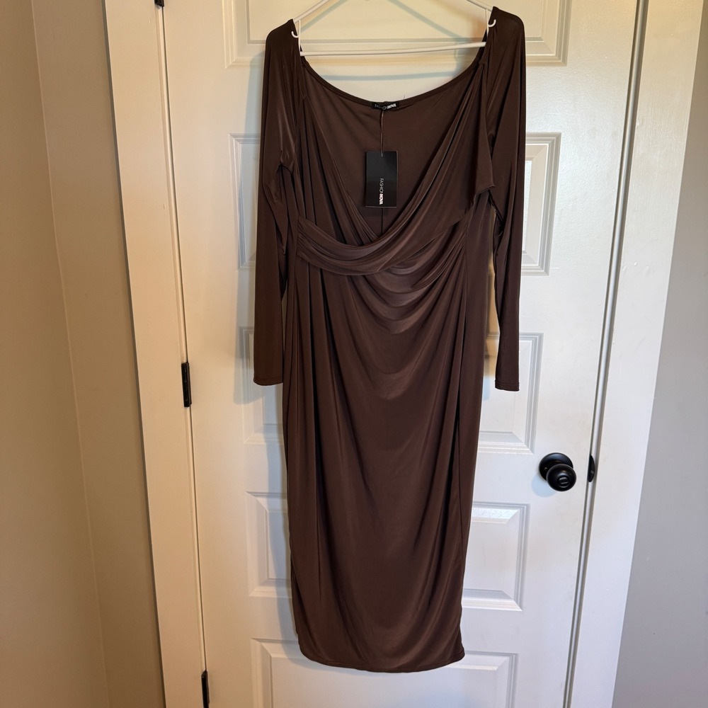 Fashion Nova Womens Brown Off Shoulder Draped Midi Dress 1XL D11010 Long Sleeve